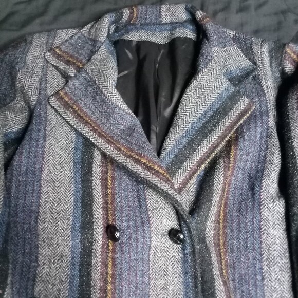 Vintage Wool Herringbone Striped Double Breast Pea Coat Jacket - Picture 1 of 6